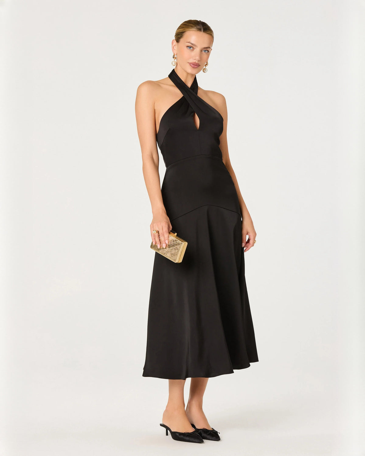 halter neck structured satin a-line midi bridesmaid dress - image 4