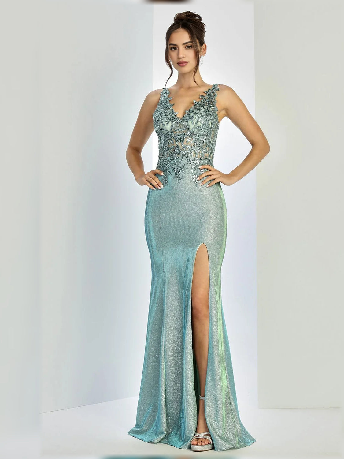Sage Green mermaid floor-length formal dress with embroidery, alternate view