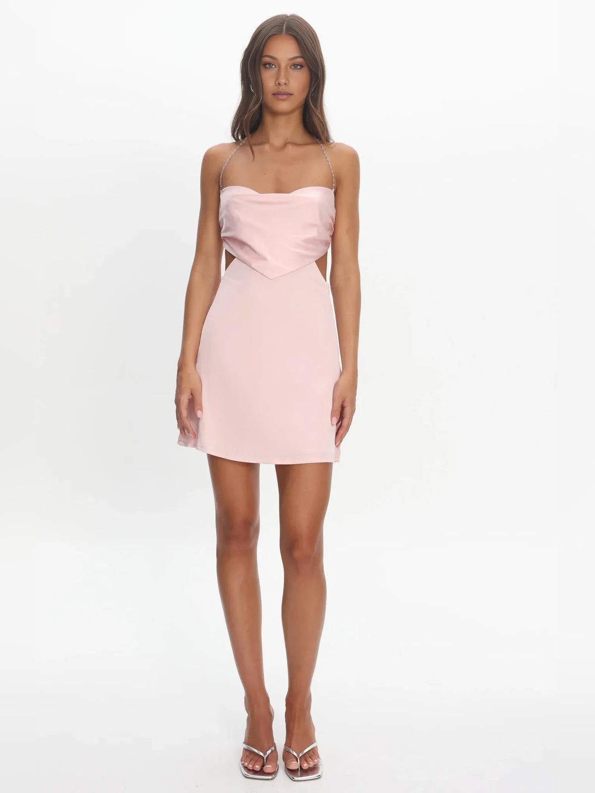 Blush Pink mini homecoming dress, alternate view showing the overall dress design