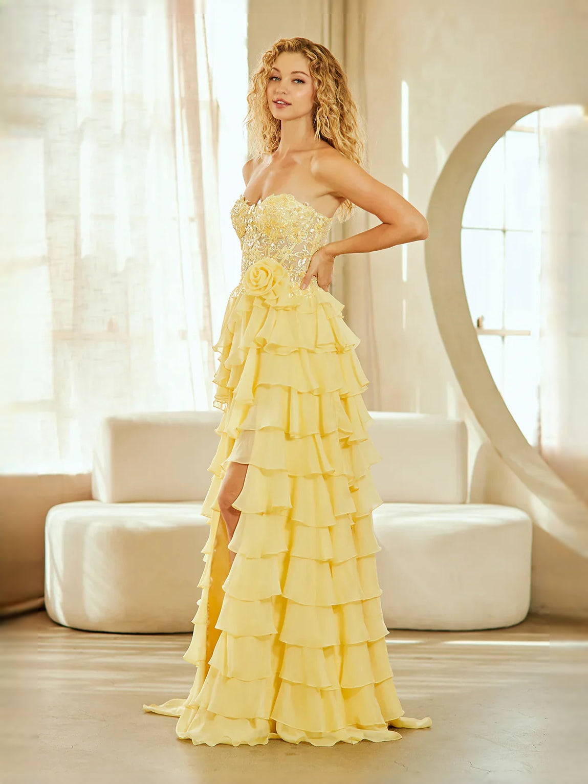Yellow floor-length prom dress, alternate view showing the overall dress design
