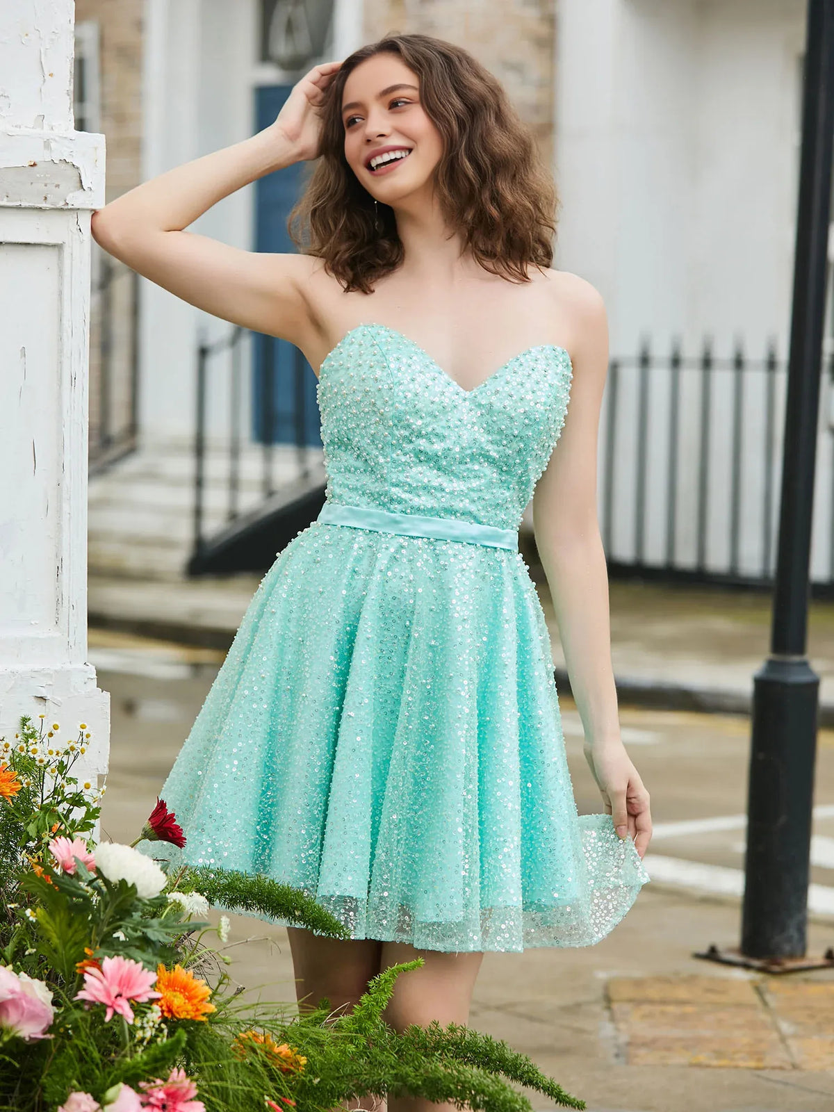 Ice Blue short homecoming dress, alternate view showing the overall dress design
