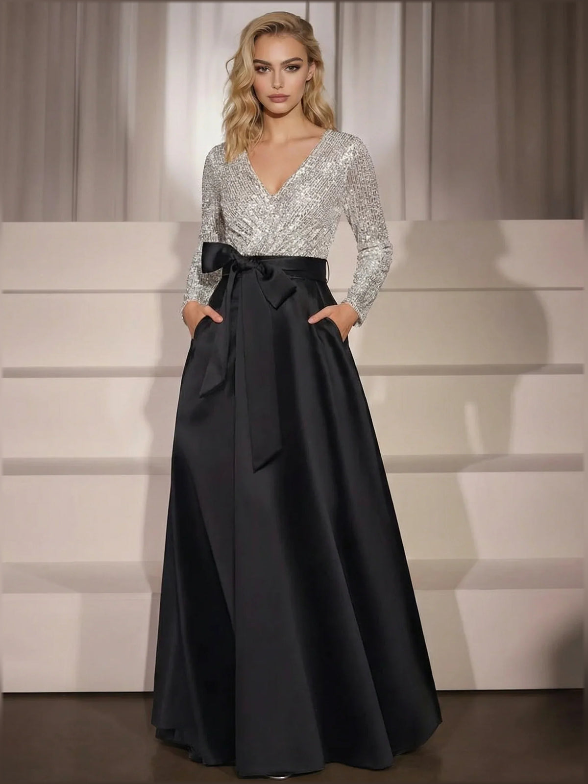 Black a-line floor-length formal dress with floral appliqué, alternate view showing the waist