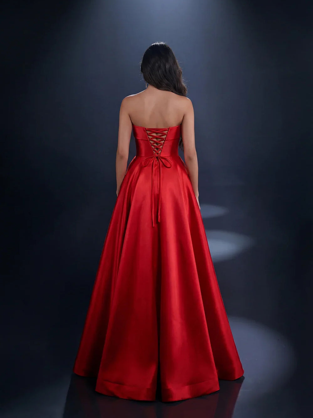 Red a-line floor-length formal dress with skirt slit, alternate view