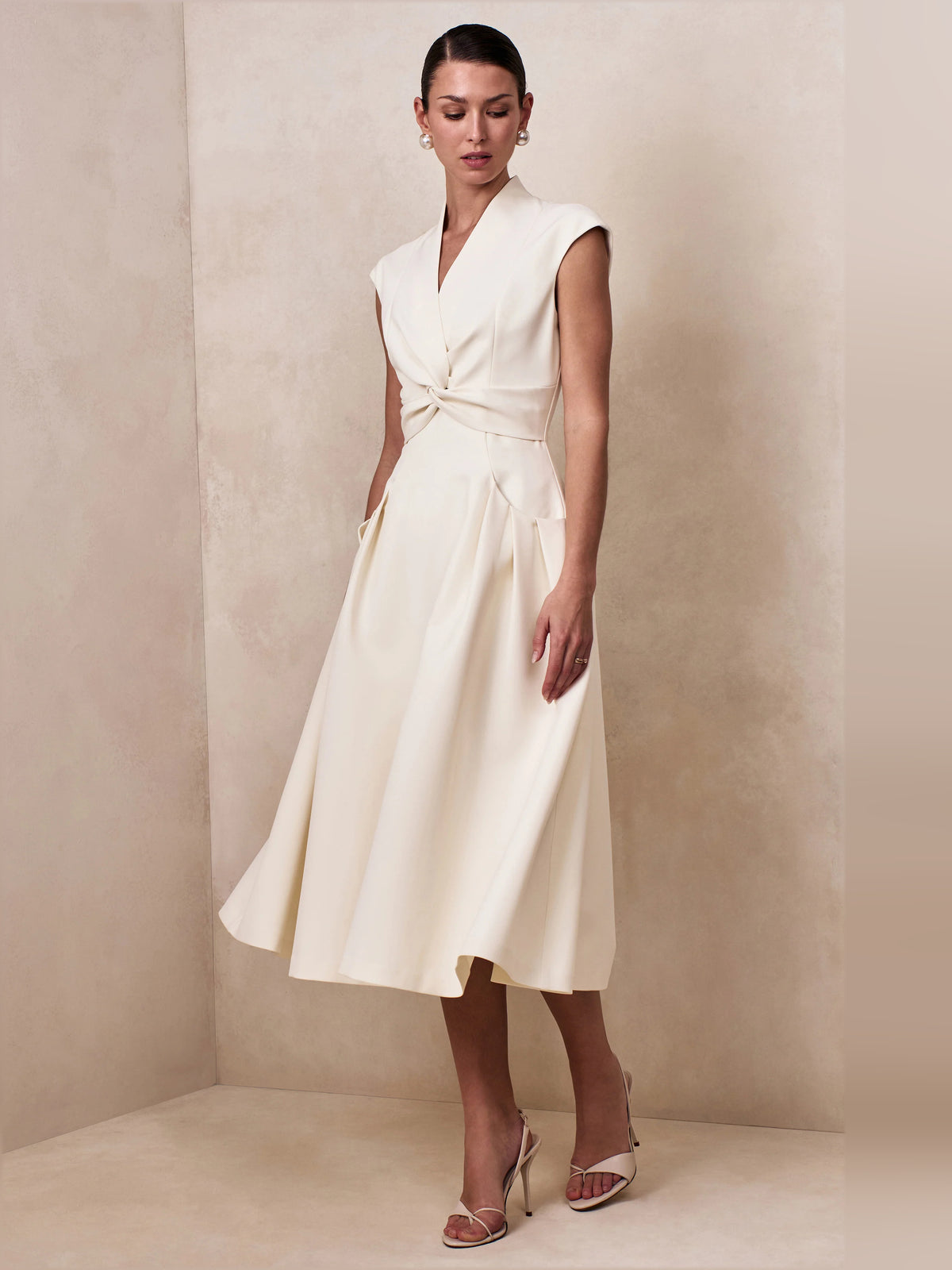 Cream midi formal dress with V-neckline, alternate view showing the waist