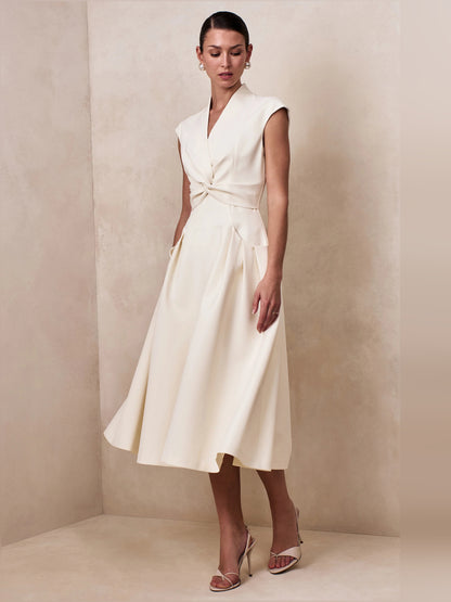 Cream midi formal dress with V-neckline, alternate view showing the waist