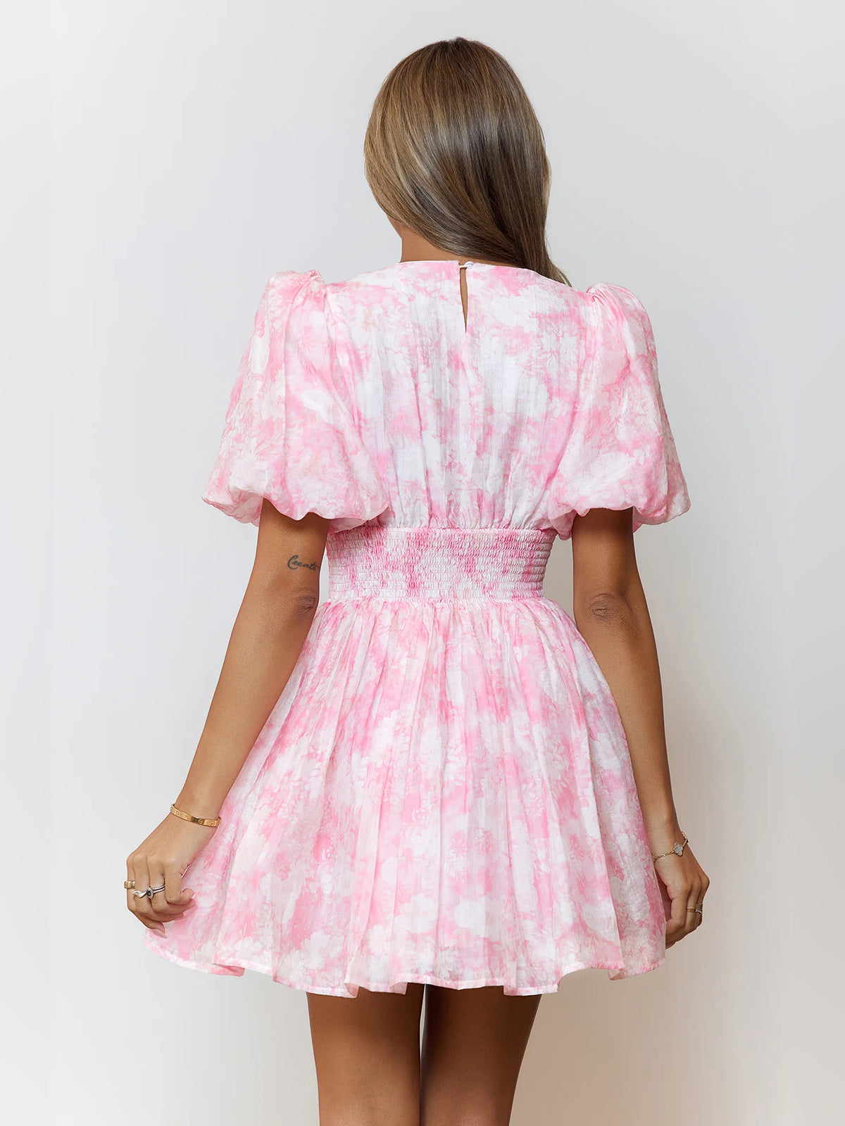 Pink mini homecoming dress, alternate view showing the overall dress design