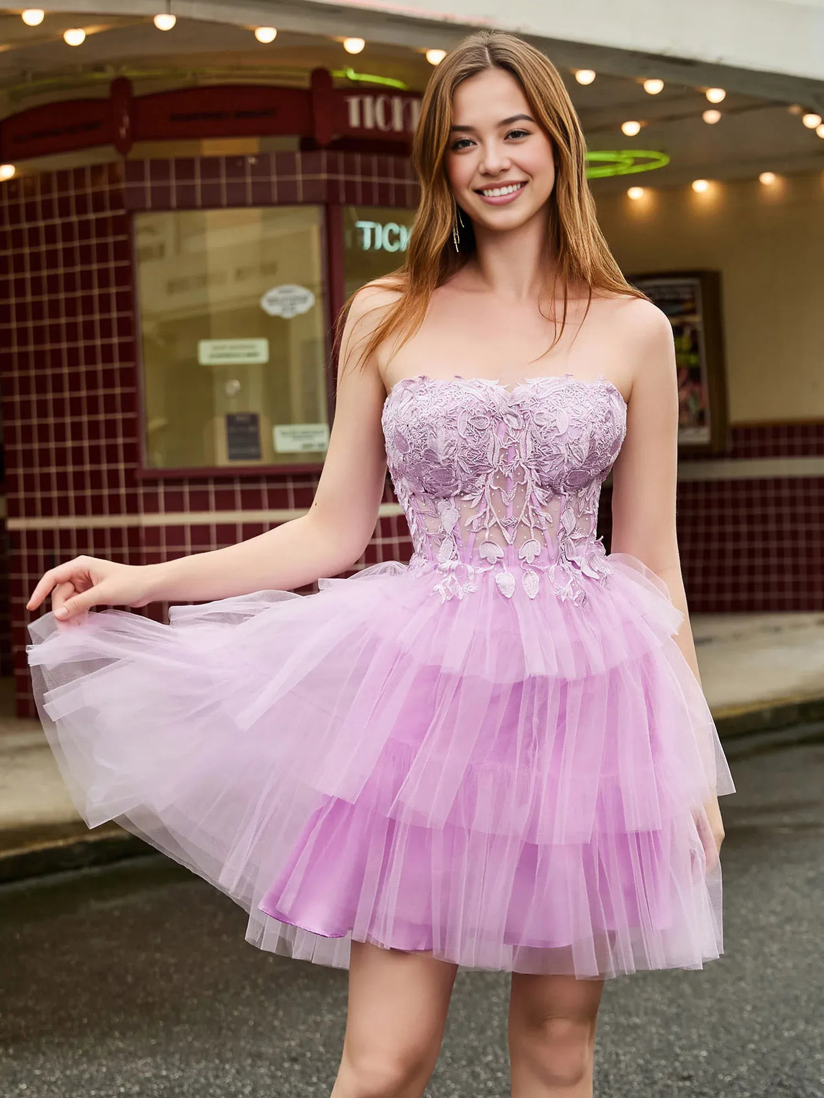 Lilac short homecoming dress, alternate view showing the overall dress design