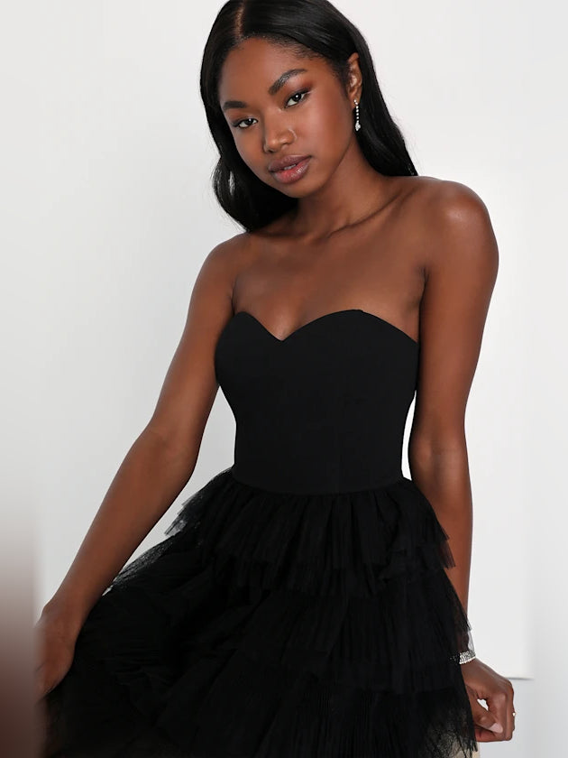 Black mini homecoming dress, alternate view showing the overall dress design