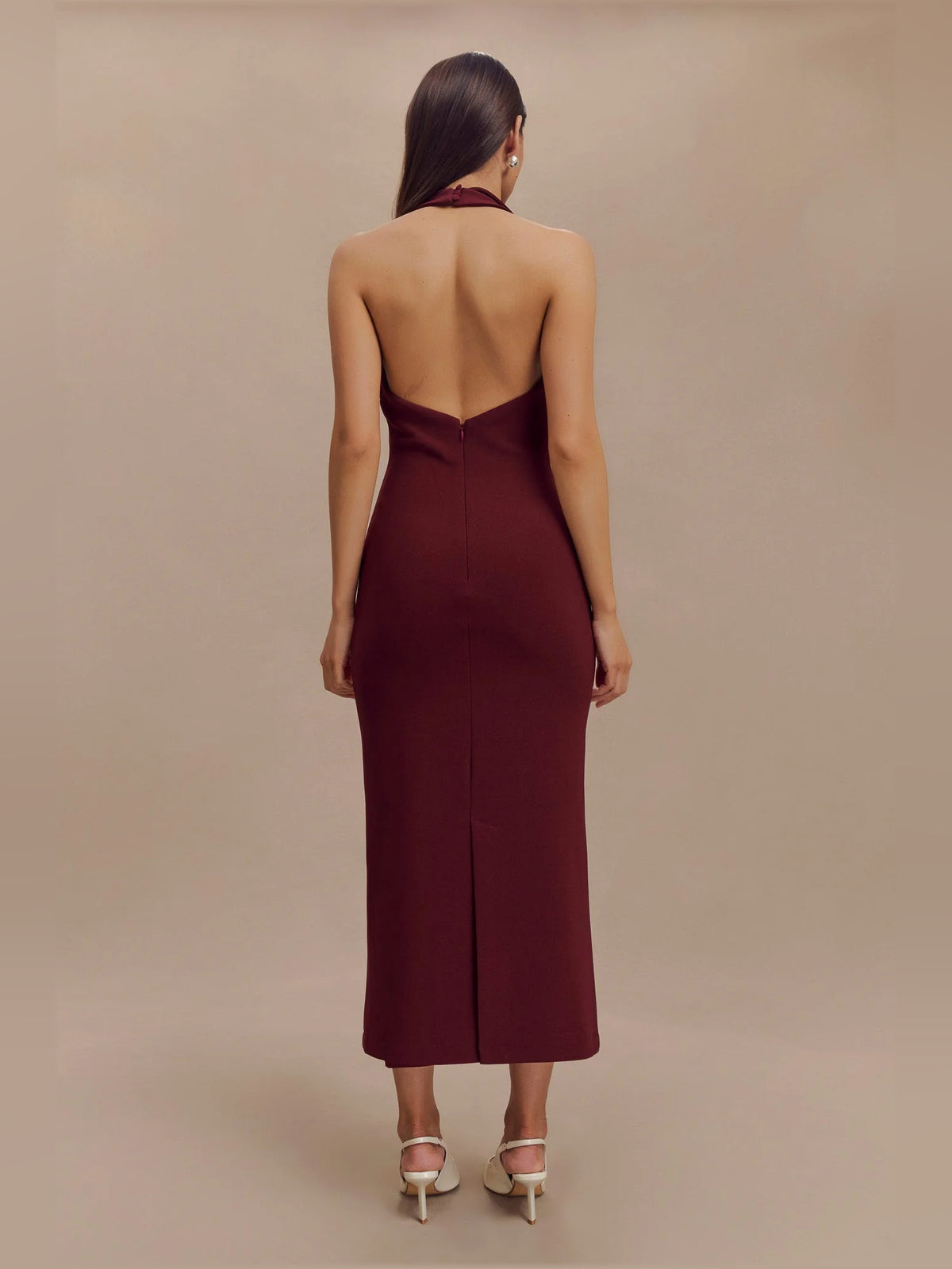 Merlot midi formal dress with halter neckline, alternate view showing the waist