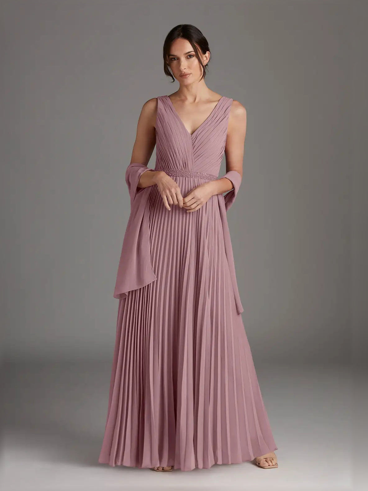 Dusty Rose maxi mother of the bride dress, alternate view showing the overall dress design