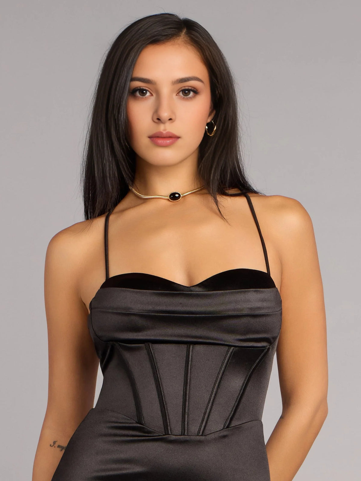 Black maxi prom dress, alternate view showing the overall dress design