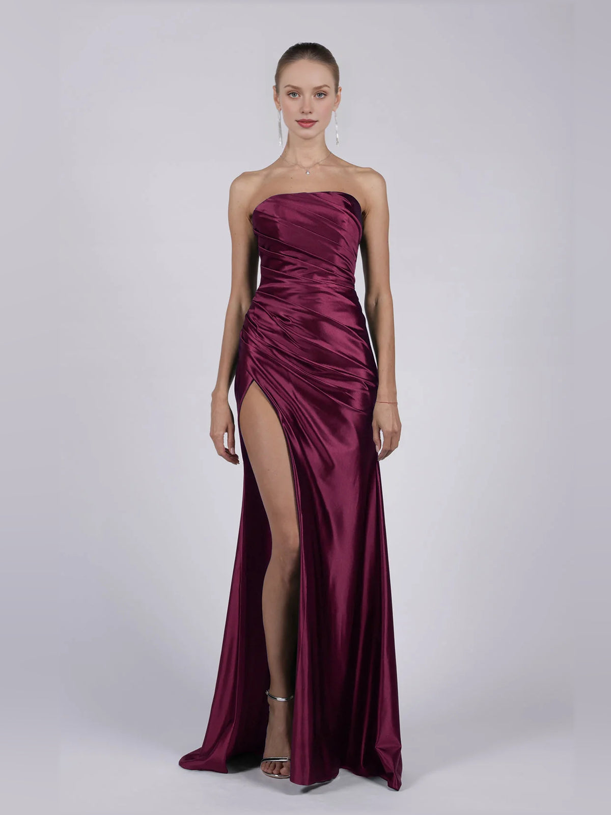 Burgundy mermaid floor-length formal dress with skirt slit, alternate view