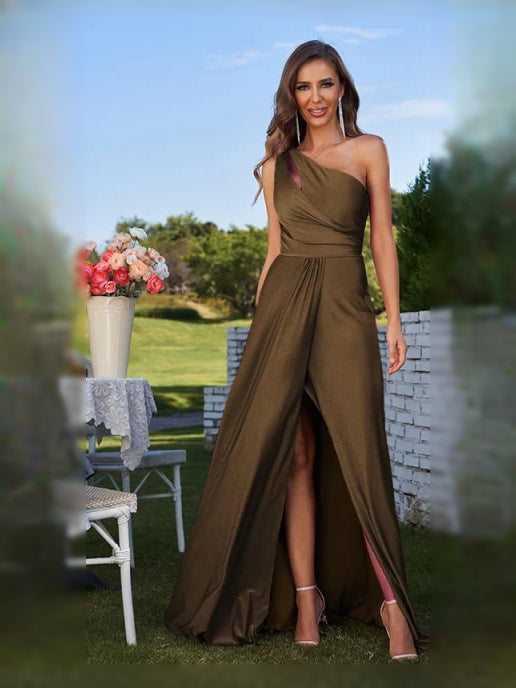 Olive Green maxi bridesmaid dress, alternate view showing the overall dress design