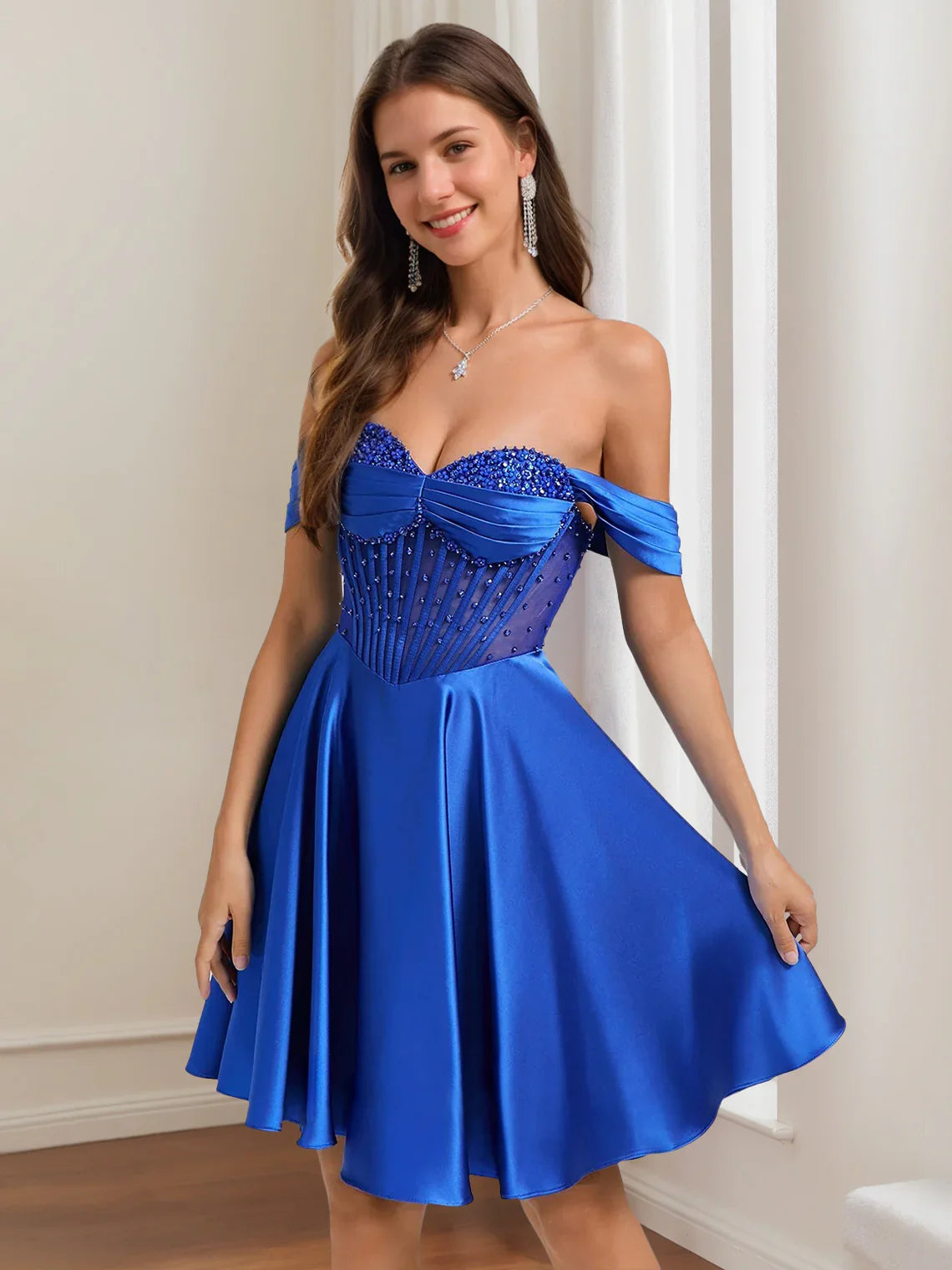 Cobalt Blue knee-length homecoming dress, alternate view showing the overall dress design