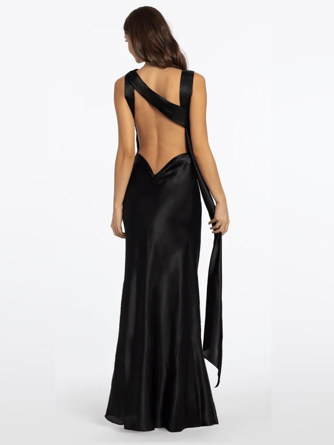 Black mermaid floor-length formal dress with ruching, alternate view showing the waist