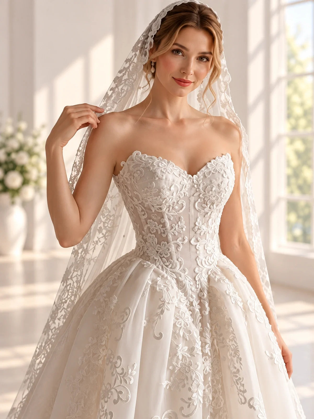 White floor-length wedding dress, alternate view showing the overall dress design