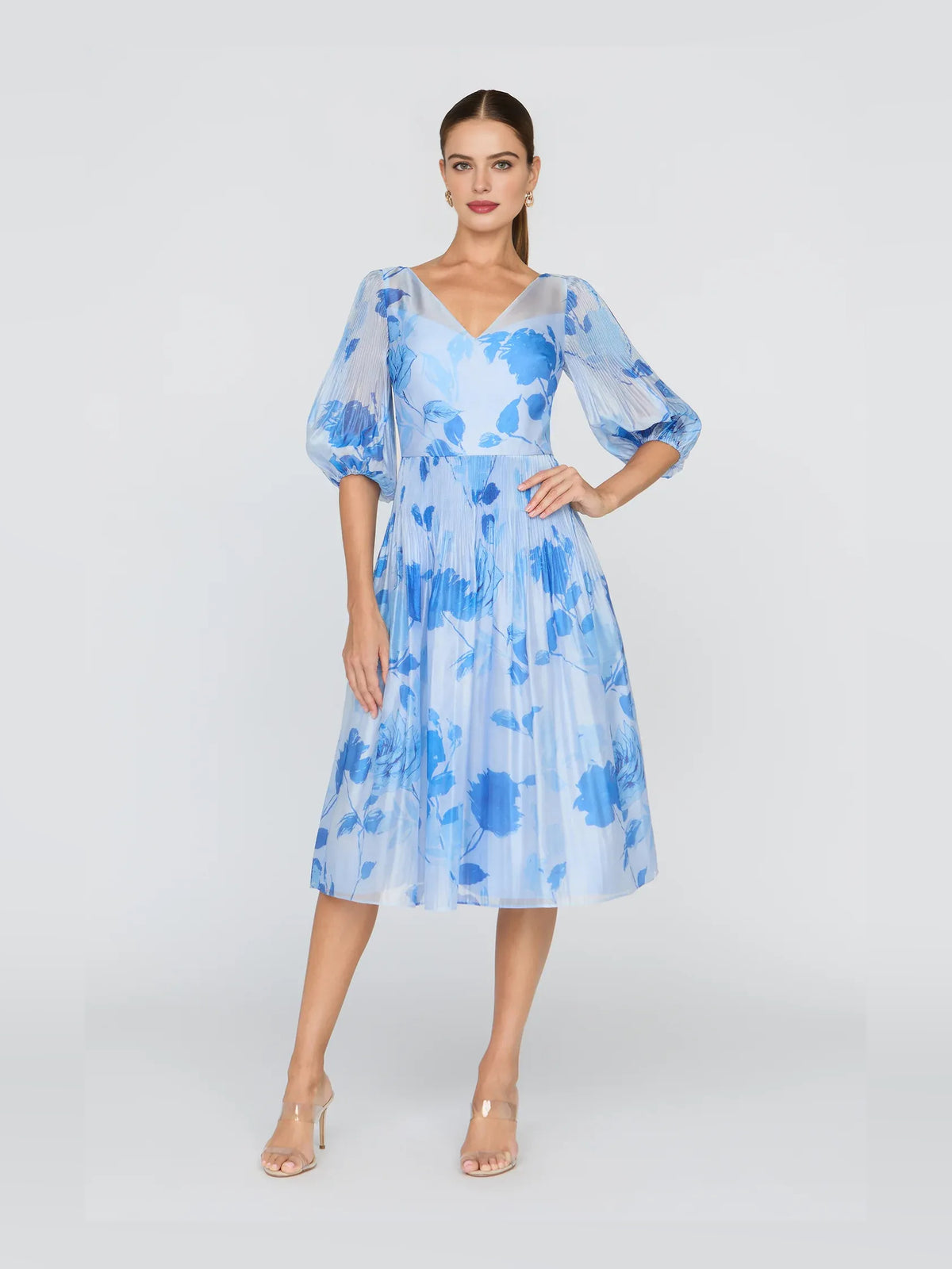 Blue tea-length prom dress, alternate view showing the overall dress design