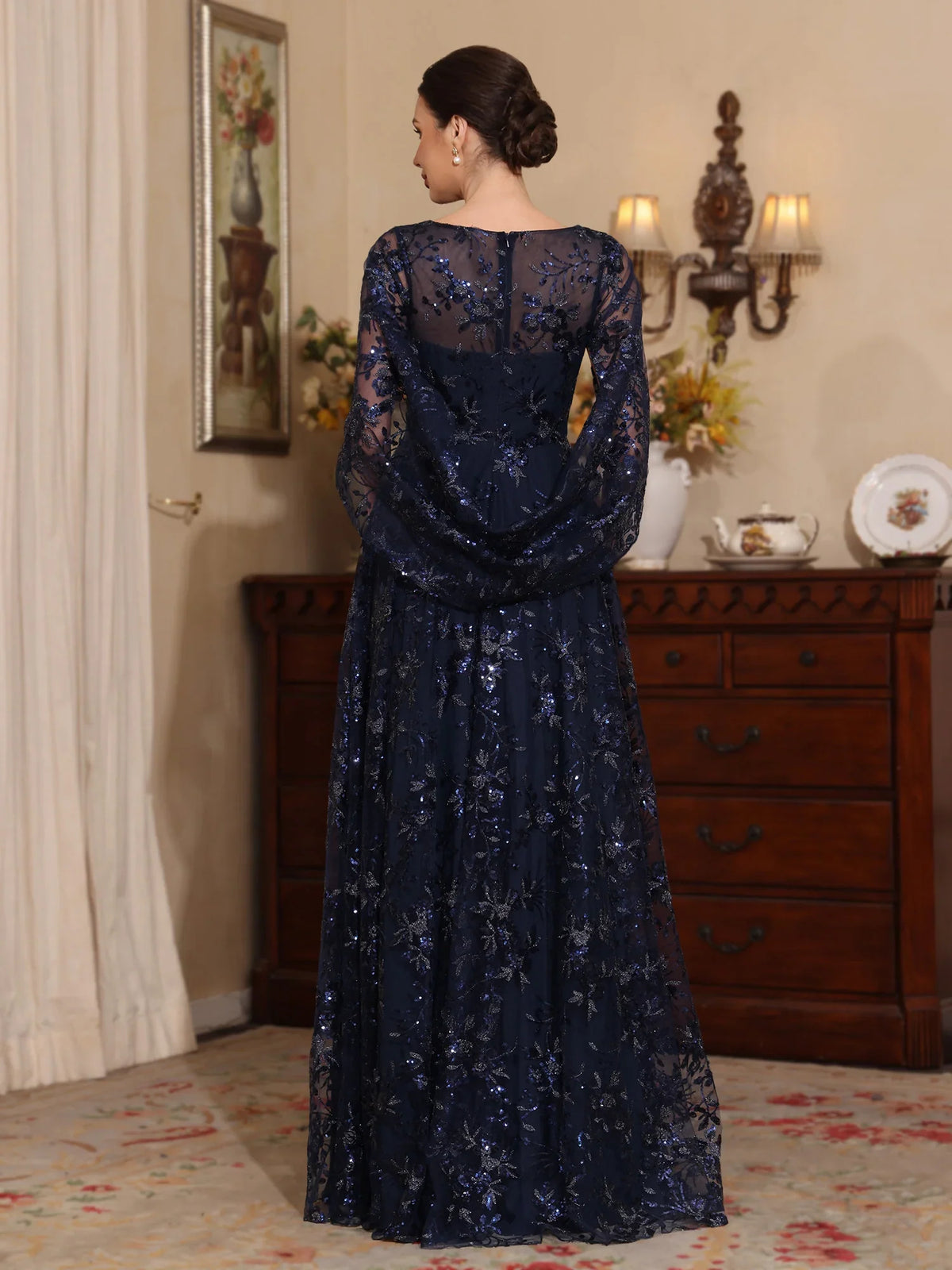 Dark Navy floor-length mother of the bride dress, alternate view showing the overall dress design