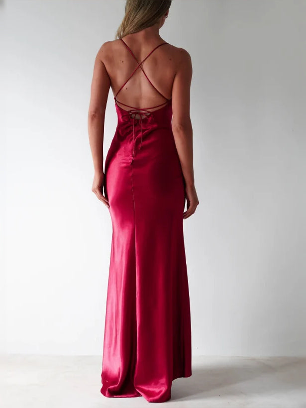 Red maxi prom dress, alternate view showing the overall dress design