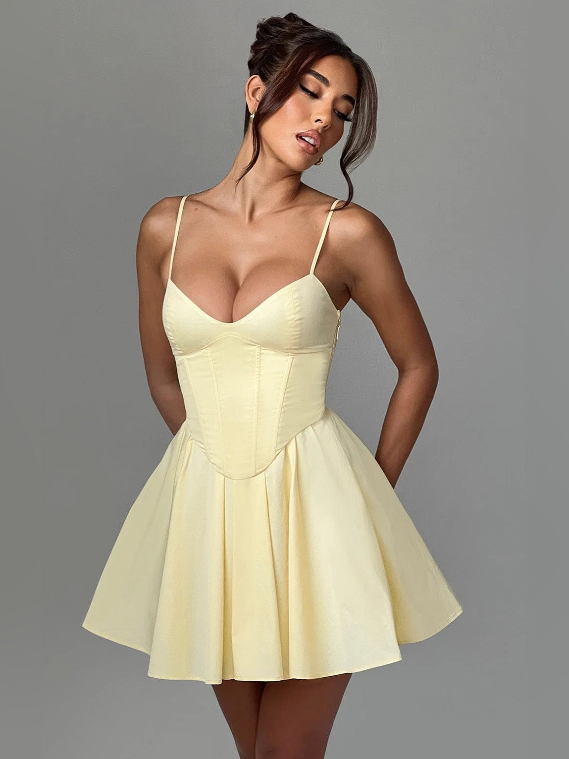 Lemon mini homecoming dress, alternate view showing the overall dress design