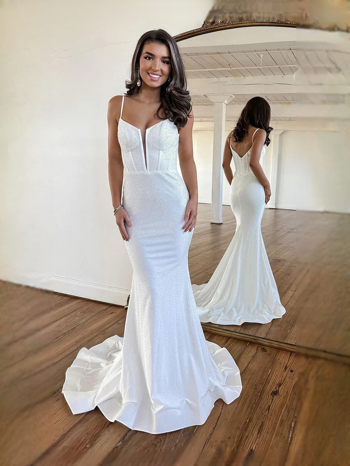 White floor-length prom dress, alternate view showing the overall dress design