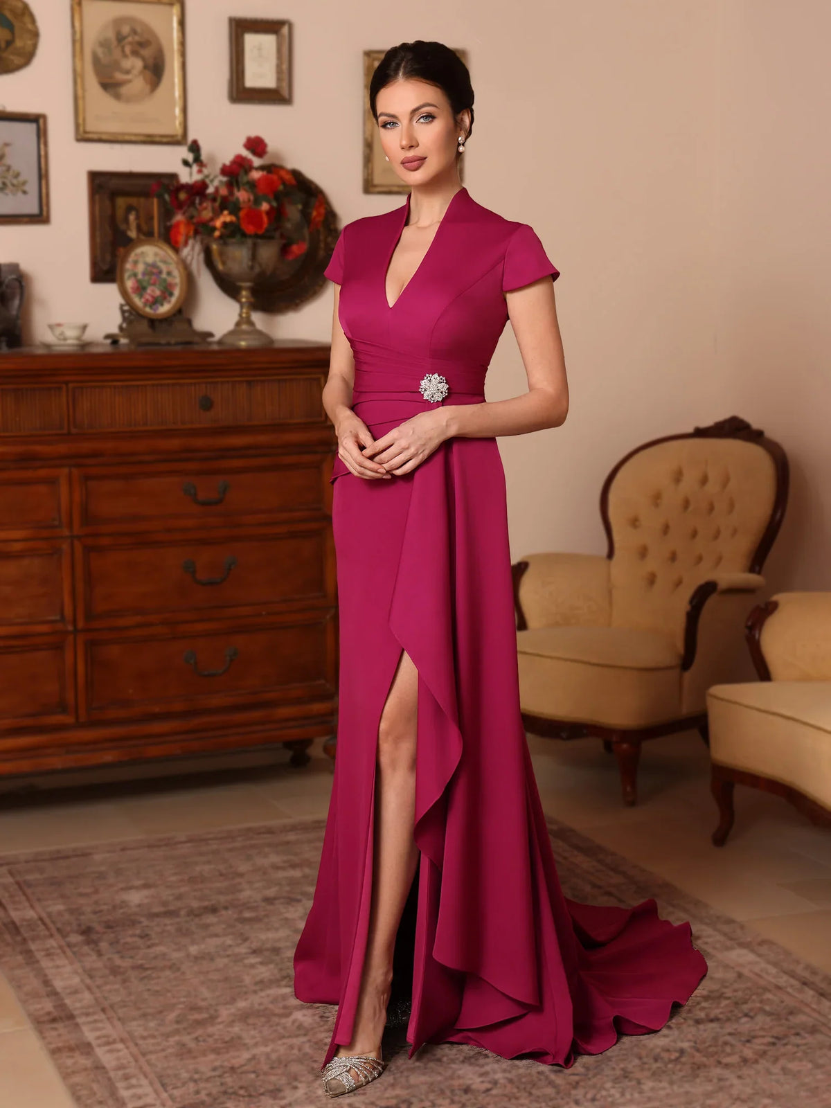 Raspberry floor-length mother of the bride dress, alternate view showing the overall dress design