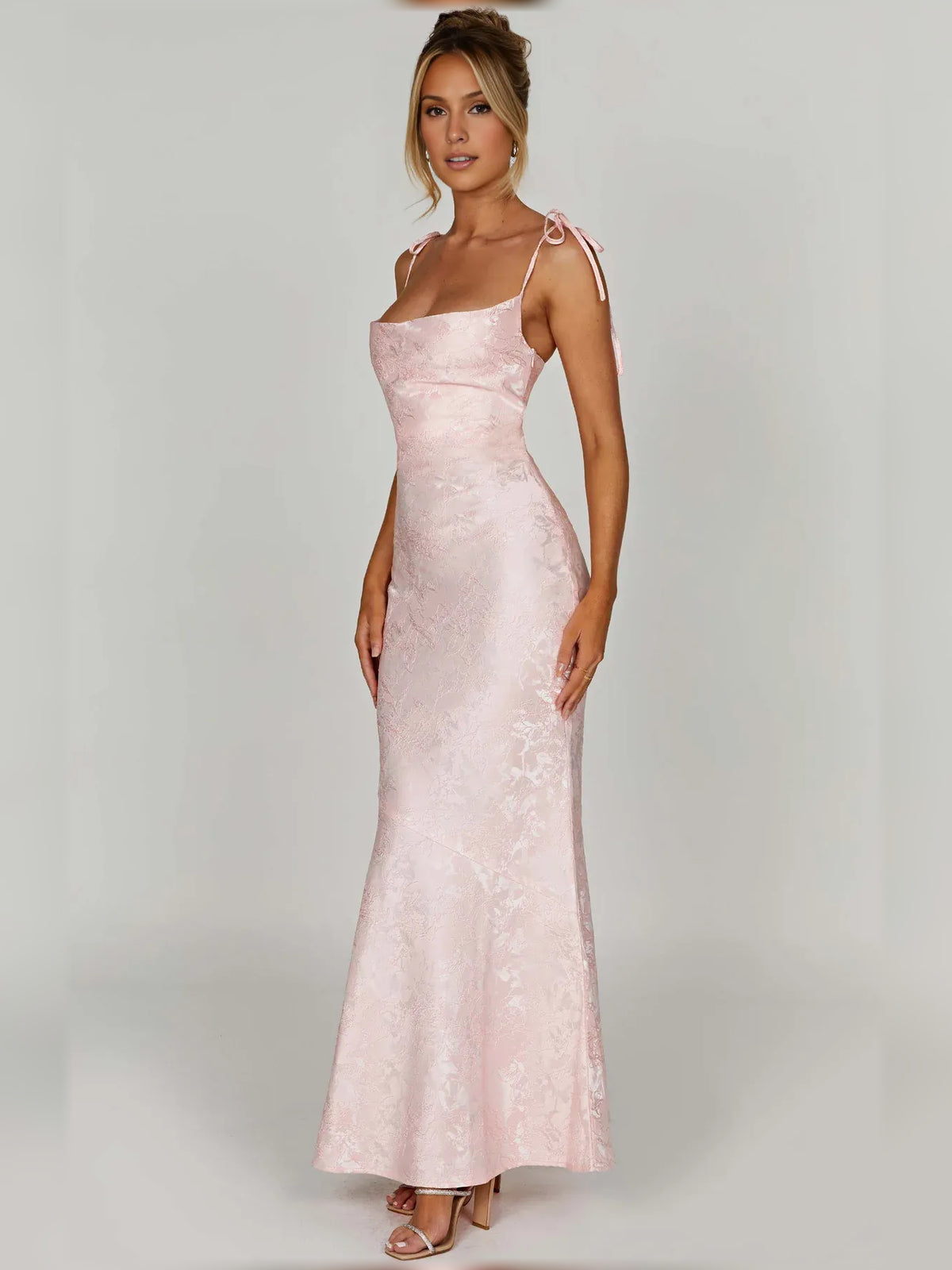 Blush Pink mermaid floor-length formal dress with floral print, alternate view showing the waist