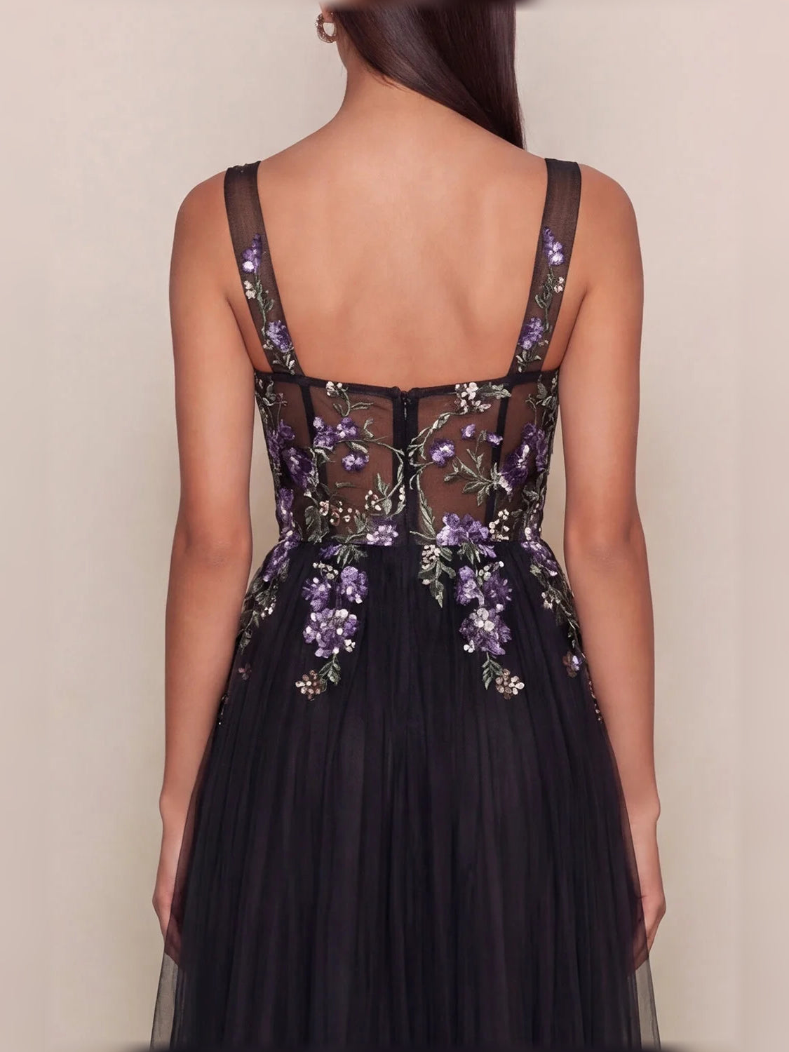 Black a-line midi formal dress with sequins, alternate view
