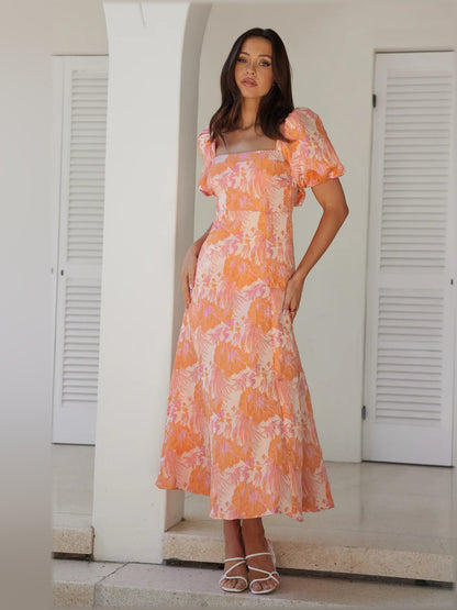 Pink midi formal dress, alternate view showing the waist