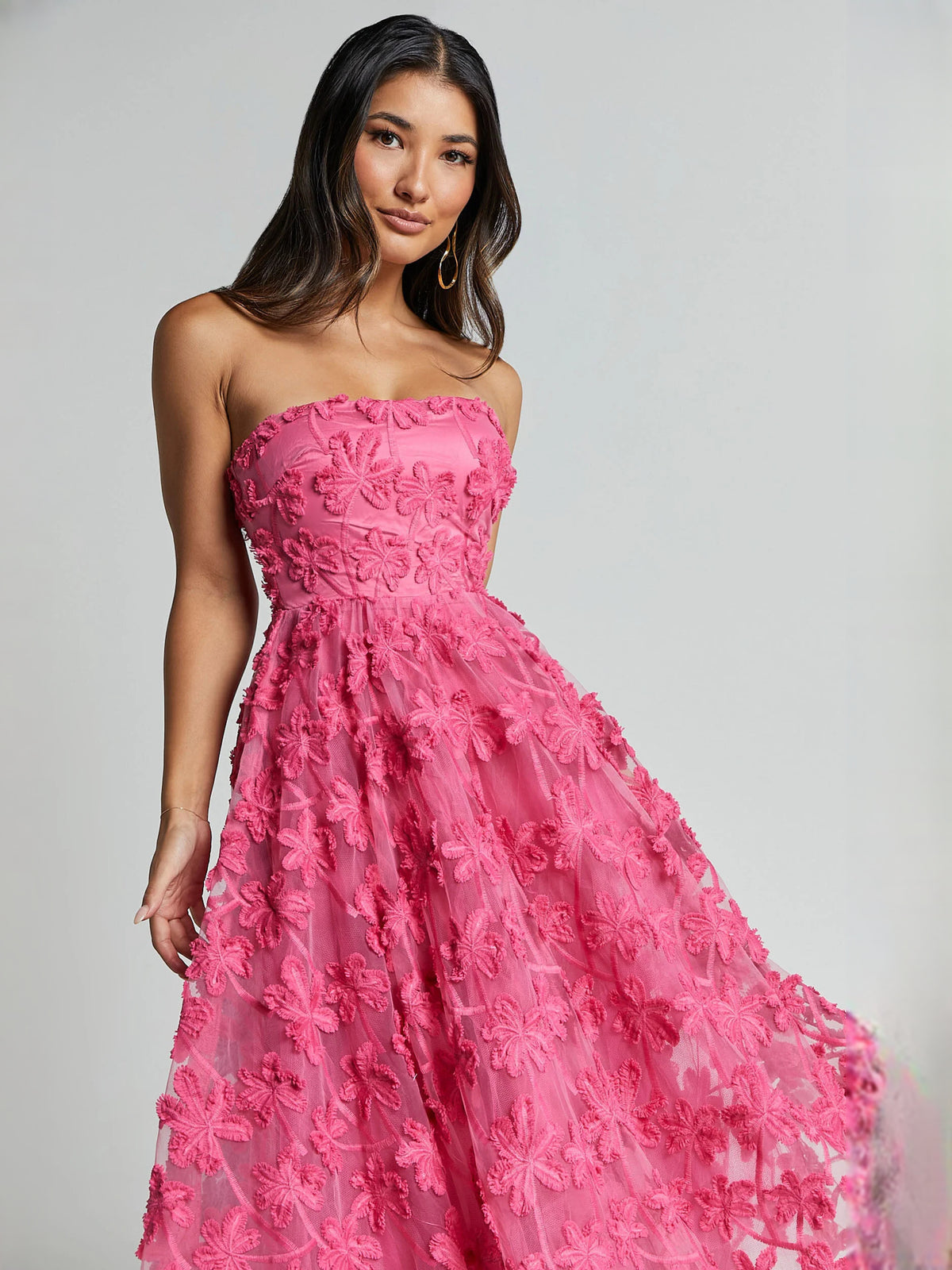Pink midi formal dress with embroidery, alternate view showing the waist