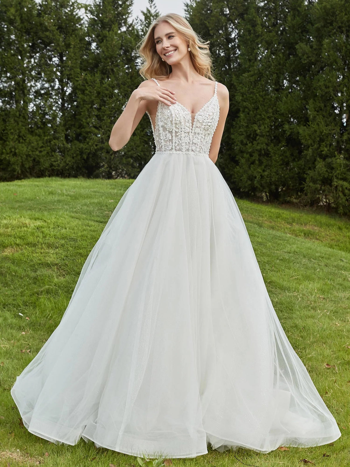 Ivory floor-length wedding dress, alternate view showing the overall dress design