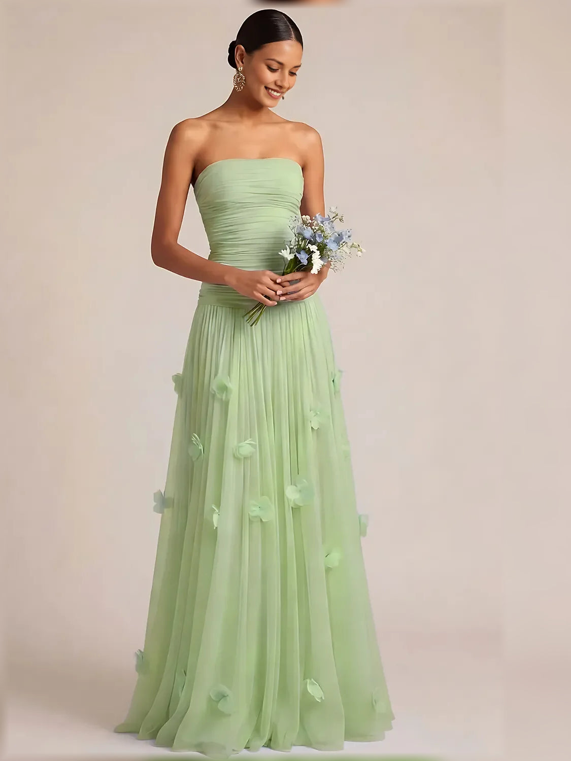 Light Blue a-line floor-length formal dress with floral appliqué, alternate view
