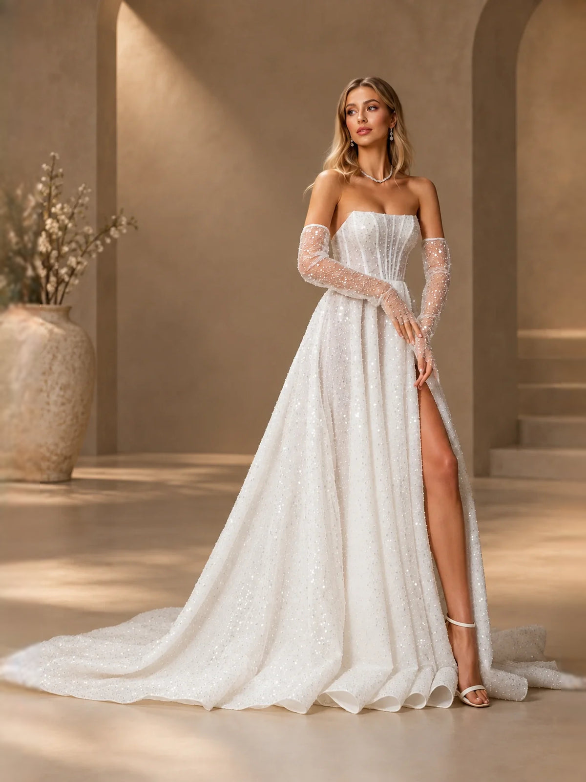 Ivory floor-length wedding dress, alternate view showing the overall dress design