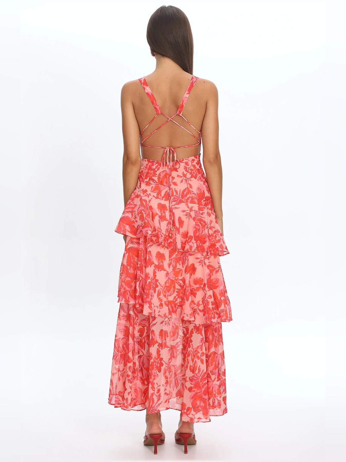 Red midi formal dress with ruffle details, alternate view showing the waist