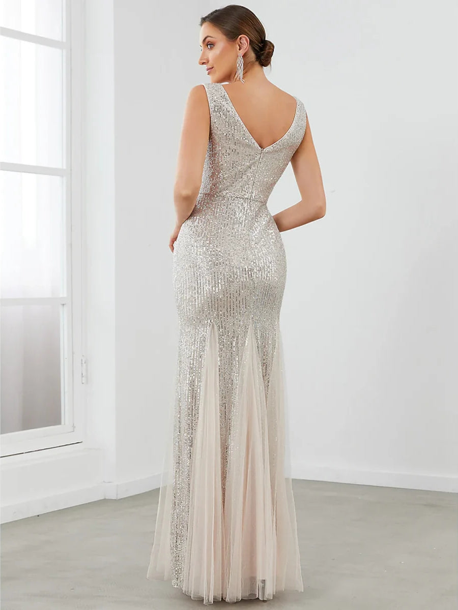 Silver a-line floor-length formal dress with sequins, alternate view showing the waist