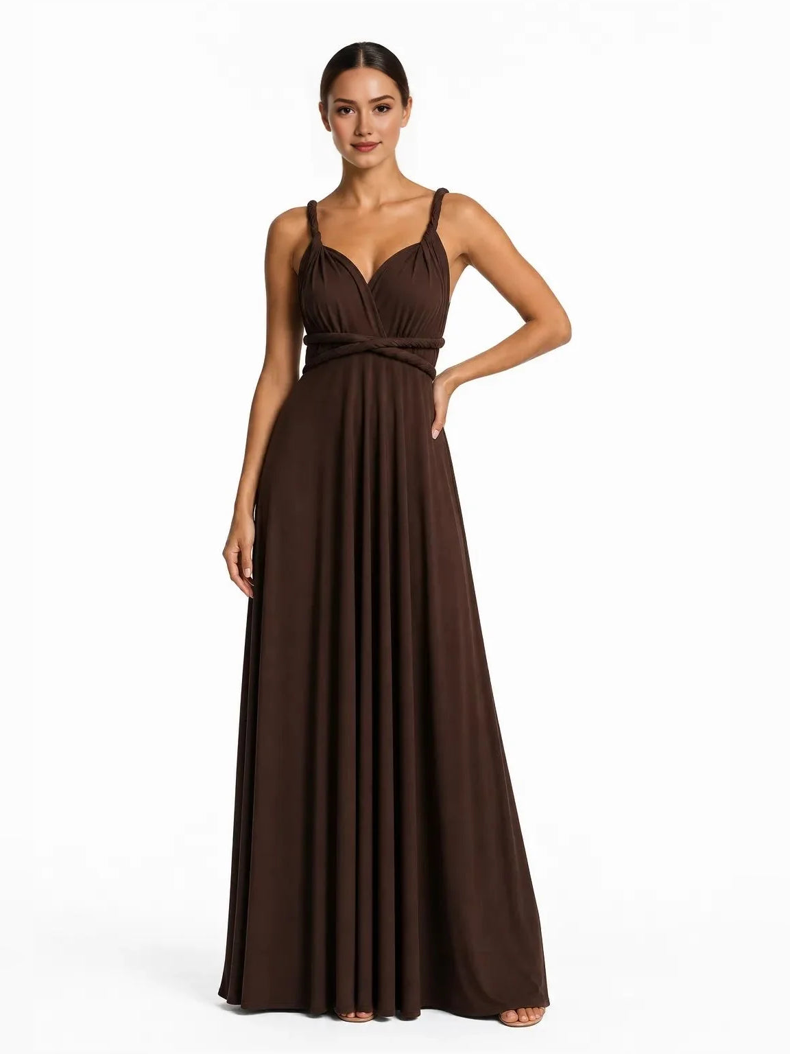 Chocolate maxi bridesmaid dress, alternate view showing the overall dress design