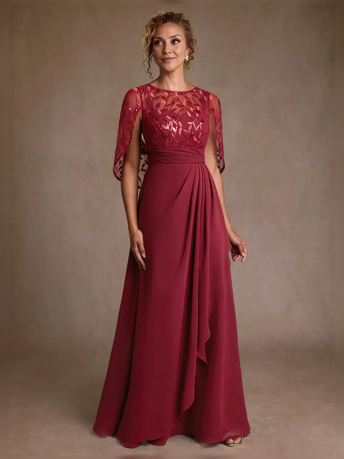 Burgundy maxi mother of the bride dress, alternate view showing the overall dress design