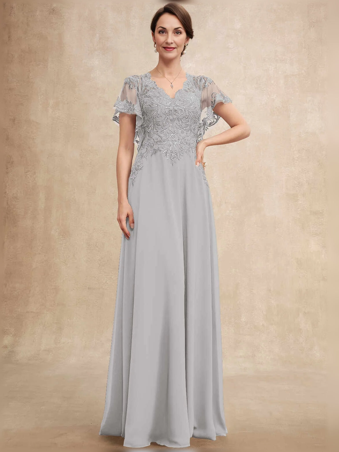 Dusty Blue floor-length mother of the bride dress, alternate view showing the overall dress design