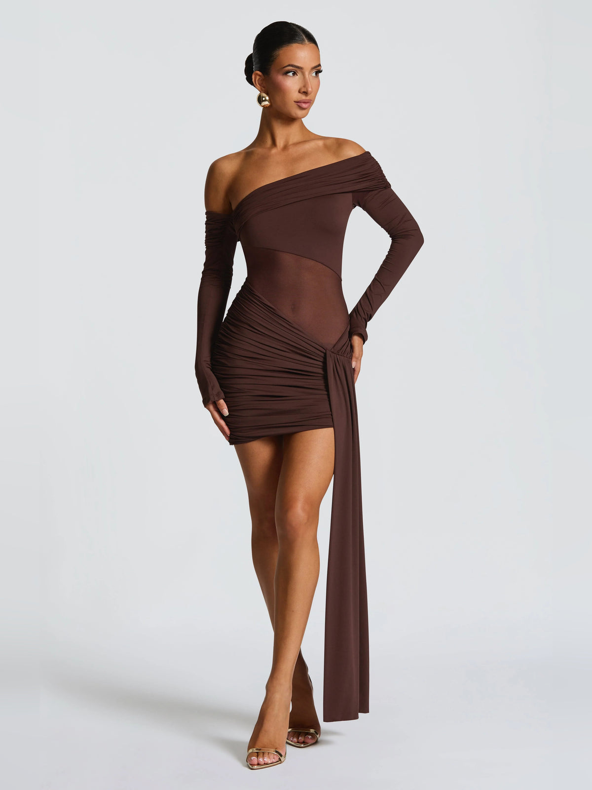 Brown mini homecoming dress, alternate view showing the overall dress design