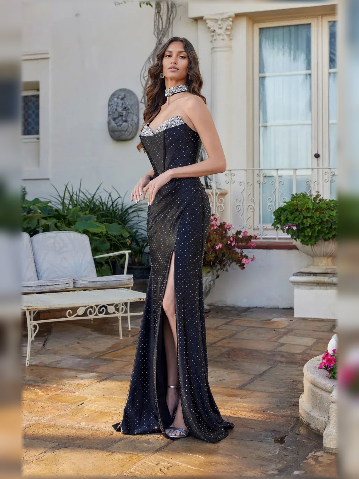 Black mermaid floor-length formal dress with corset-style bodice, alternate view