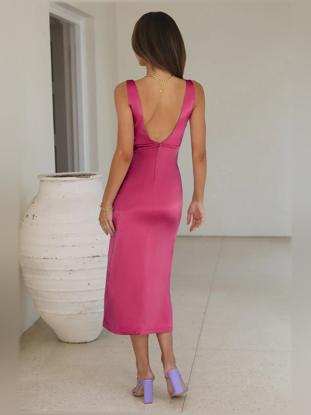 Magenta midi formal dress, alternate view showing the waist