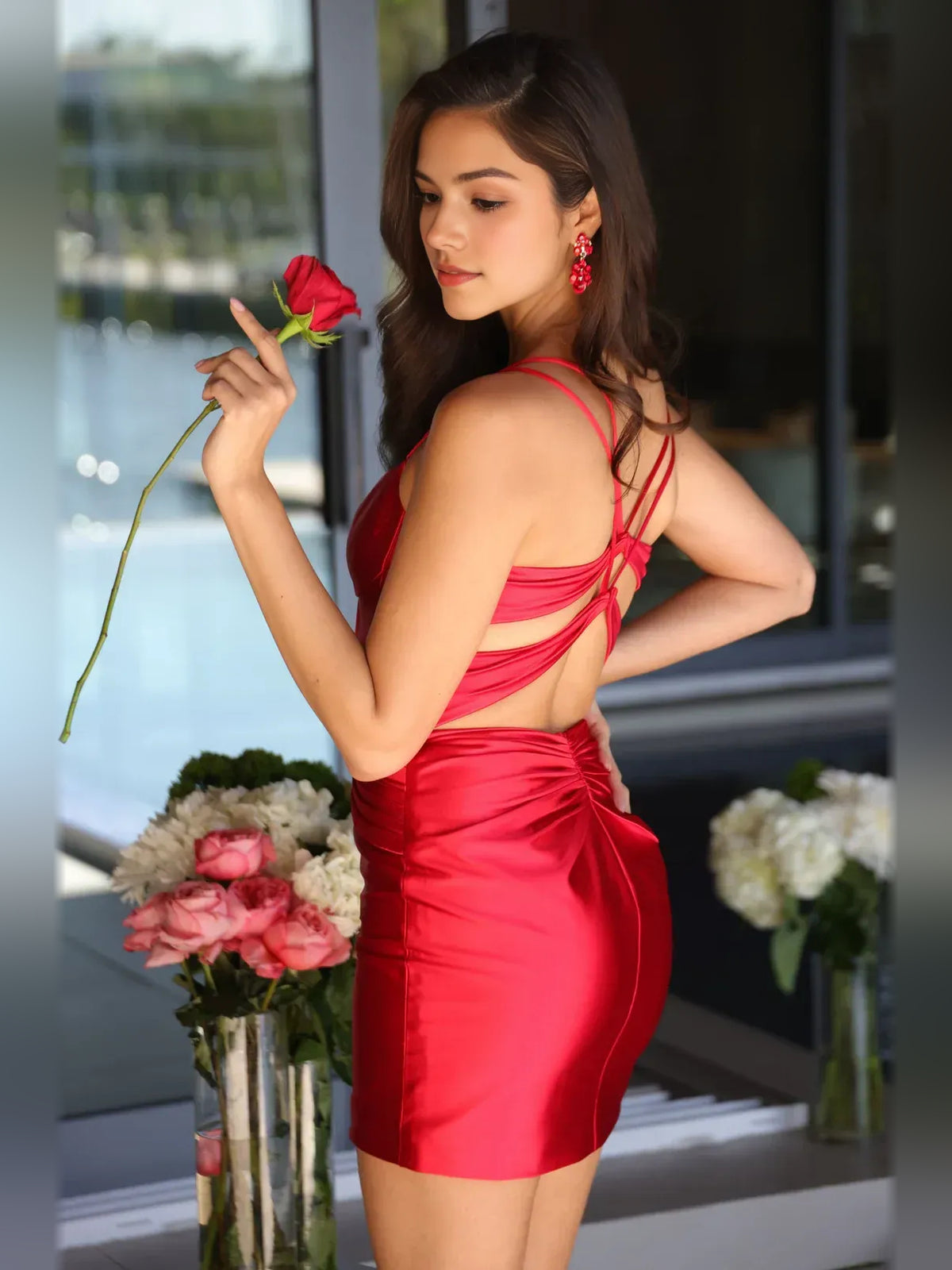 Crimson Red mini homecoming dress, alternate view showing the overall dress design