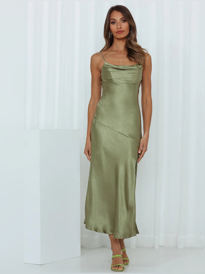 Olive midi formal dress, alternate view showing the waist