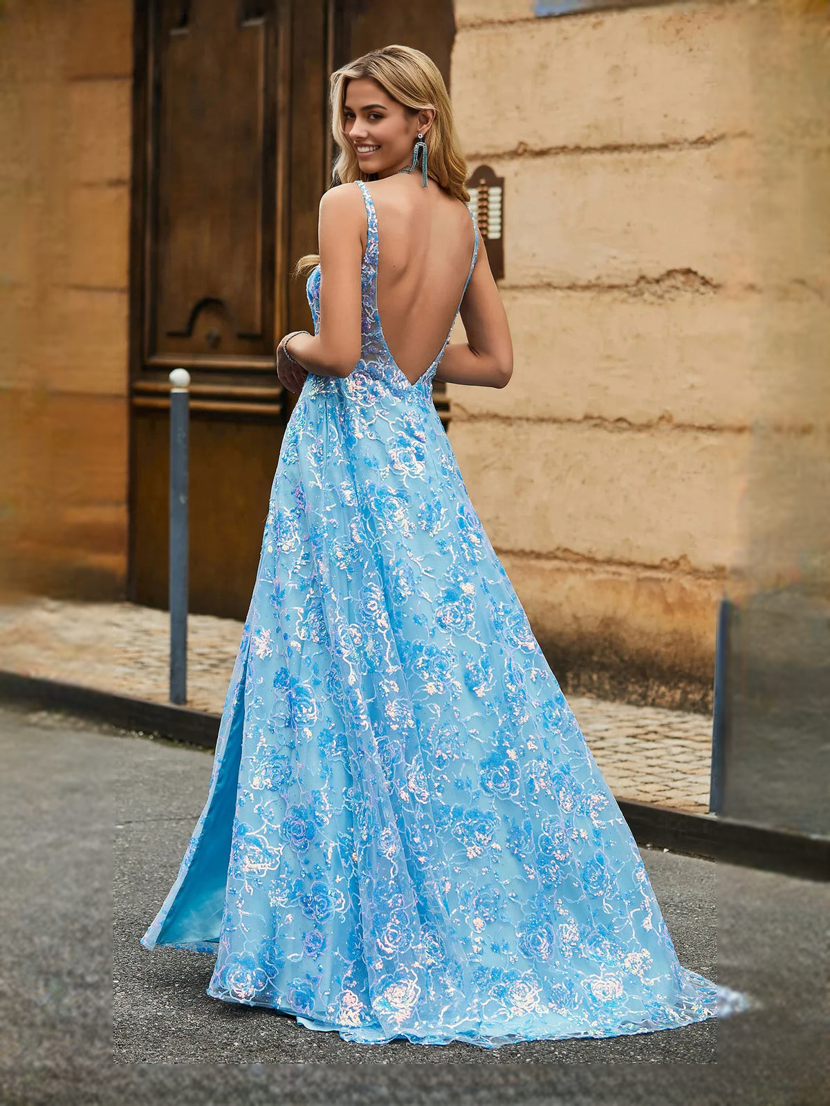 Blue floor-length prom dress, alternate view showing the overall dress design