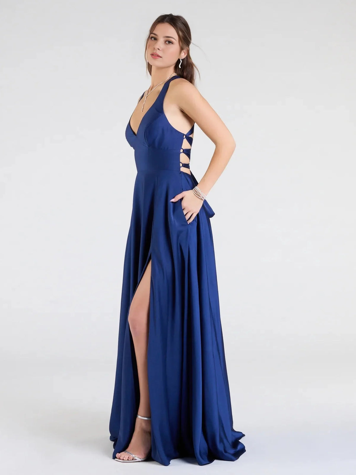 Navy floor-length prom dress, alternate view showing the overall dress design