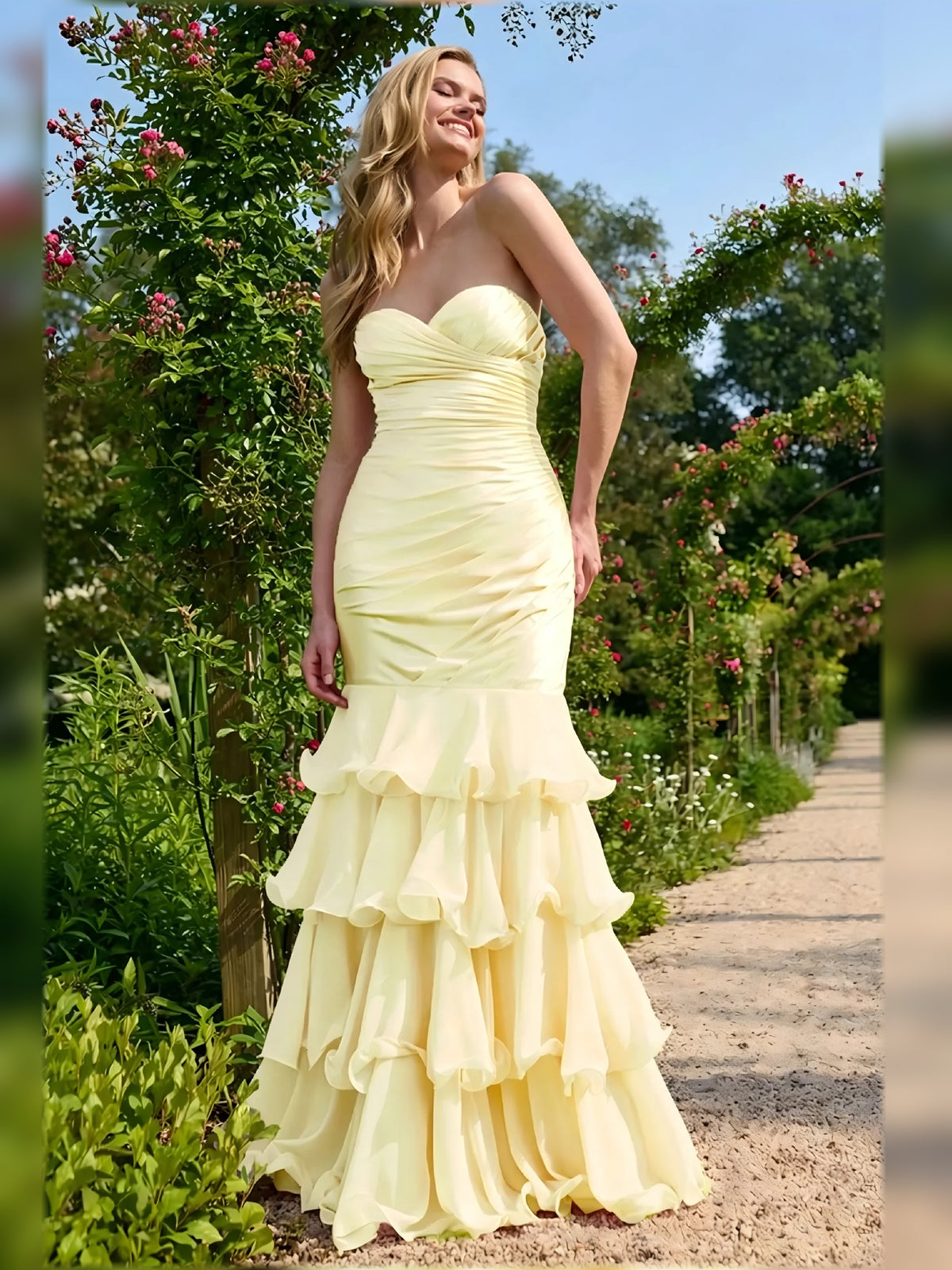 Pale Lemon mermaid floor-length formal dress with tiered skirt, alternate view
