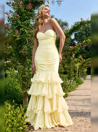 Pale Lemon mermaid floor-length formal dress with tiered skirt, alternate view