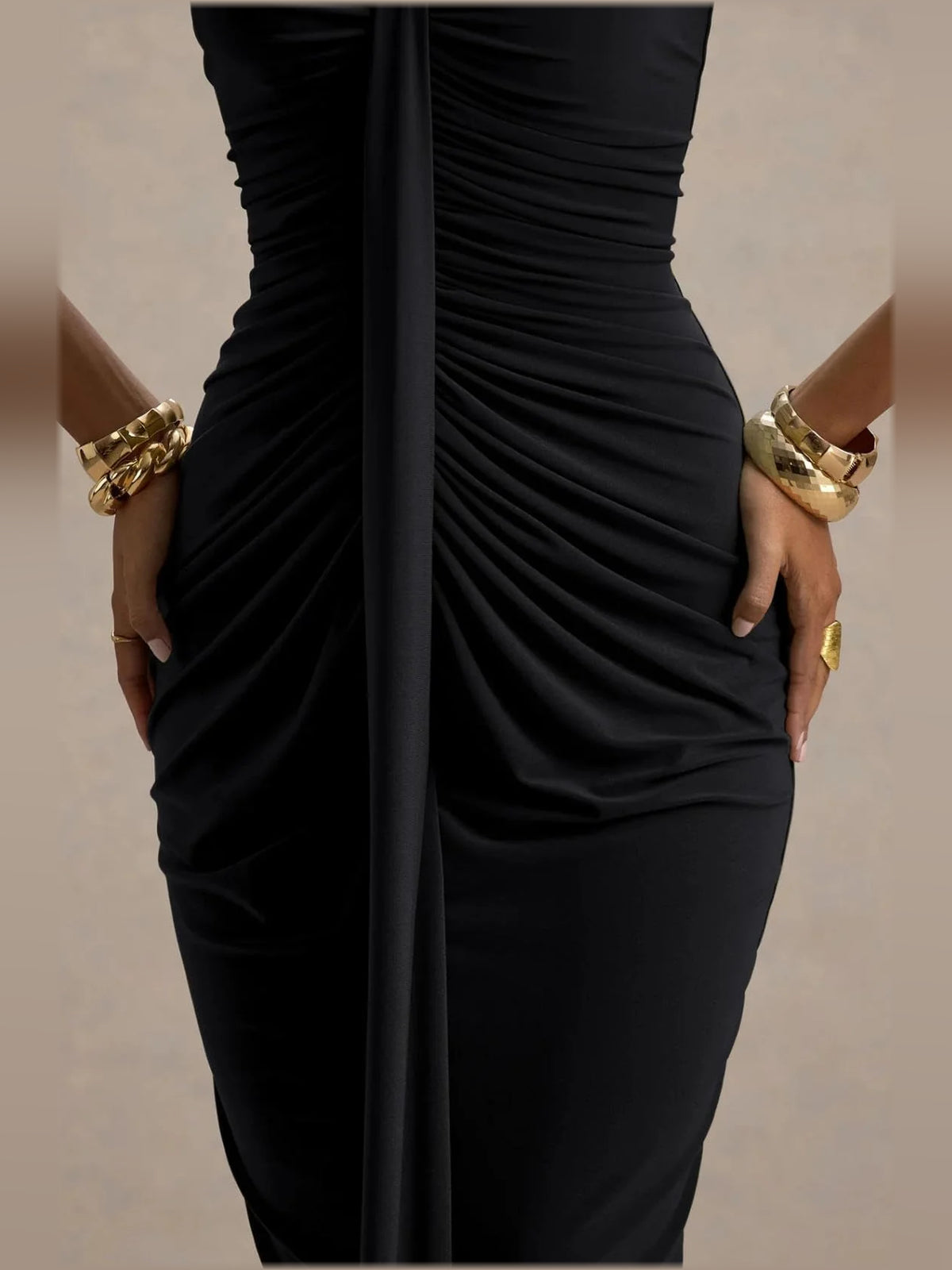 Black mermaid floor-length formal dress with draping, alternate view showing the waist