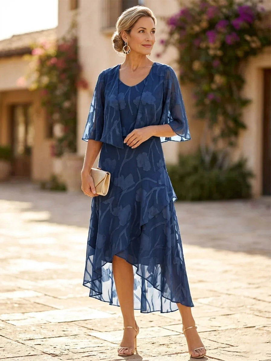 Dusty Blue midi mother of the bride dress, alternate view showing the overall dress design