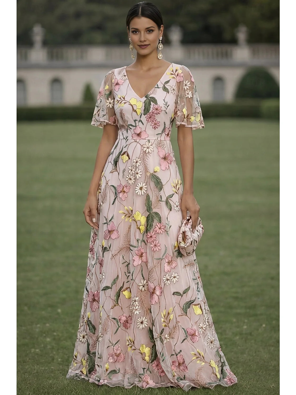 Pink a-line maxi formal dress with embroidery, alternate view
